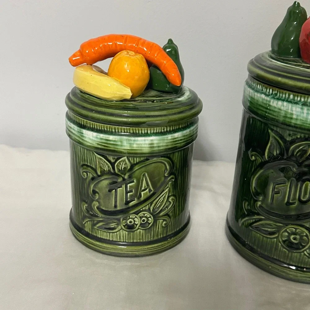 Vintage Fruit Lid Ceramic Canister Avacado Green Tea Flour Jars Good Retro MCM